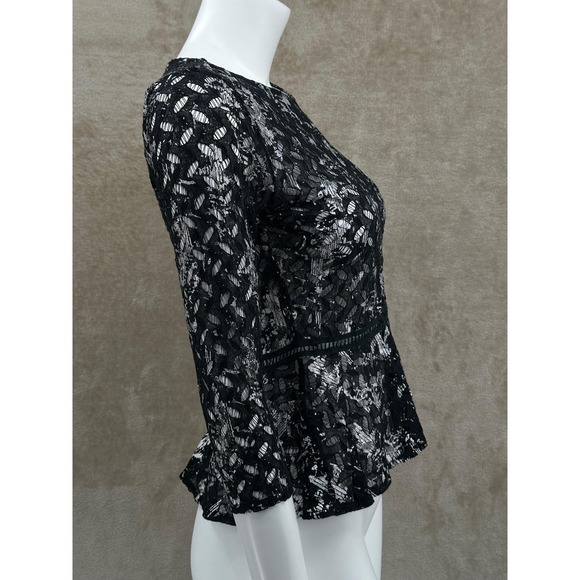 Antonio Melani Top Women XS Black Metallic Silver 3/4 Sleeve Peplum Lace Holiday - Picture 3 of 10